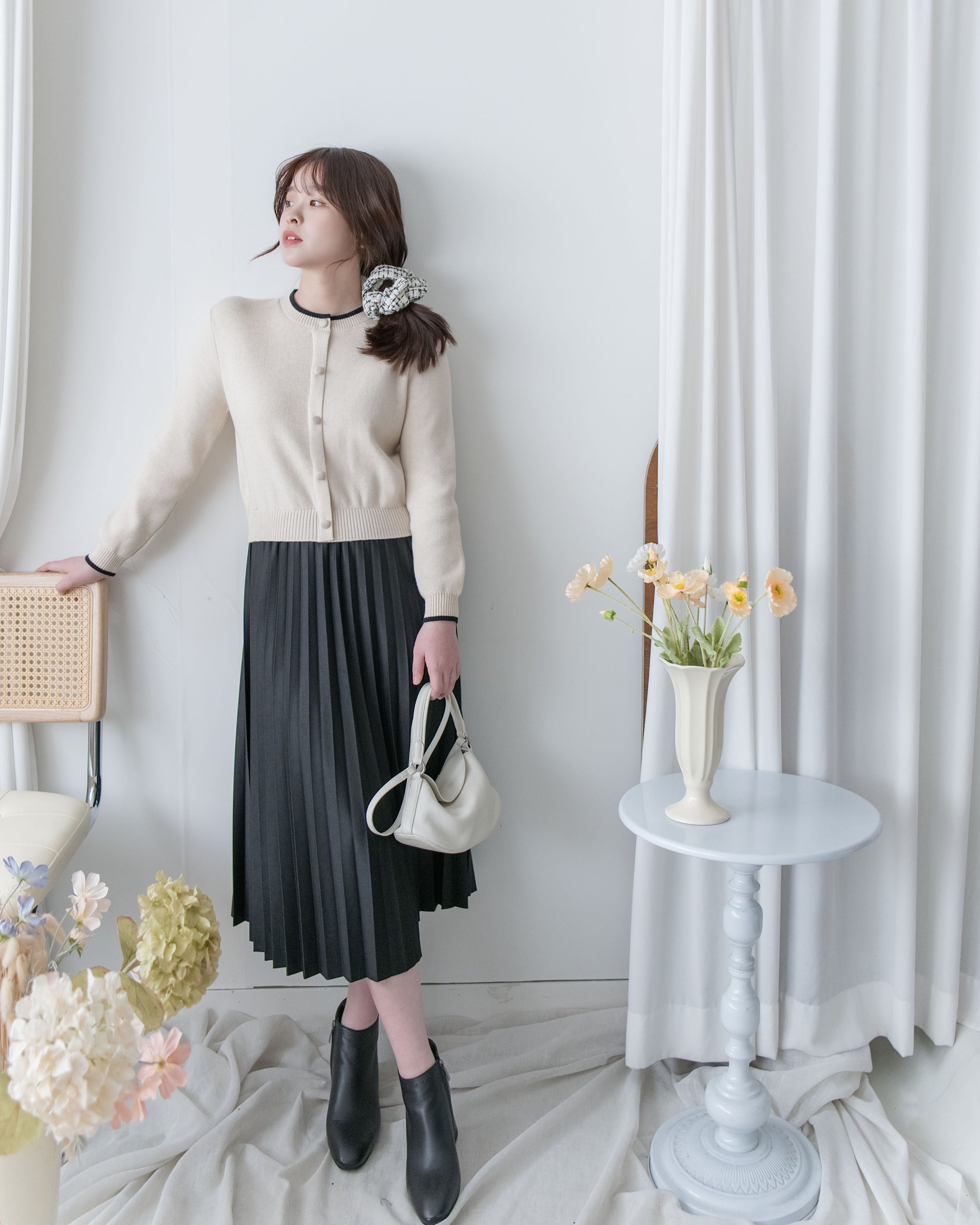 Pleated Cardigan Dress 小香風拼色針織外套假兩件百褶長裙/ DS1067 (pre-order 2月5日截單)