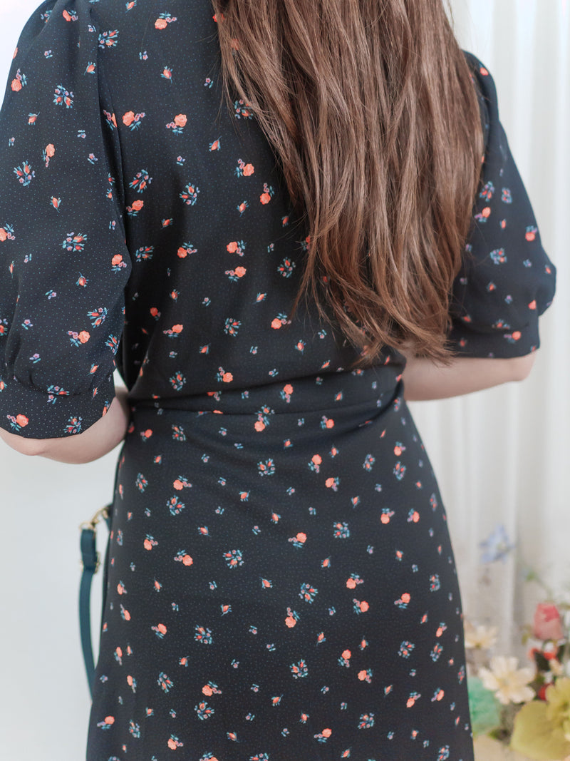 Snowdot Floral Dress V領口雪點印花修腰連身裙/ DS9872