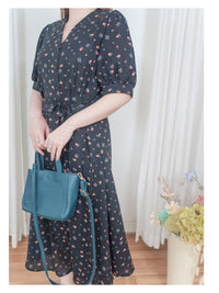 Snowdot Floral Dress V領口雪點印花修腰連身裙/ DS9872