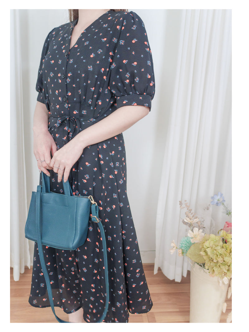 Snowdot Floral Dress V領口雪點印花修腰連身裙/ DS9872