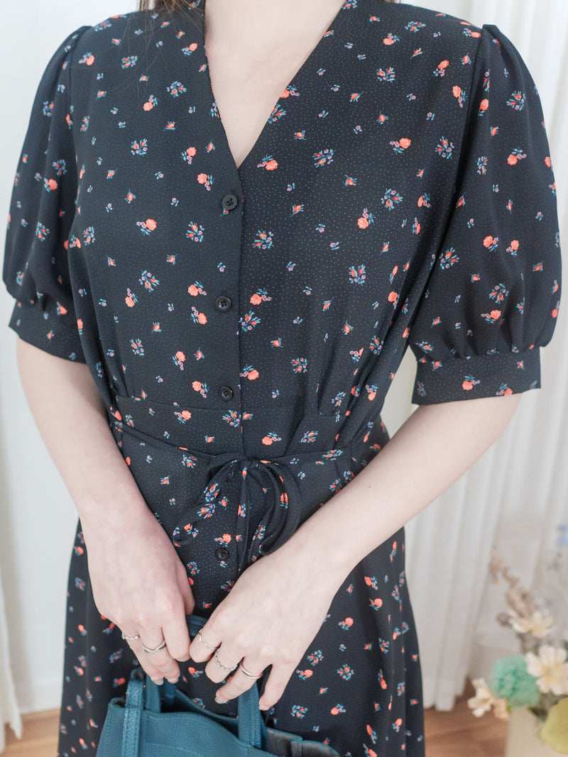 Snowdot Floral Dress V領口雪點印花修腰連身裙/ DS9872