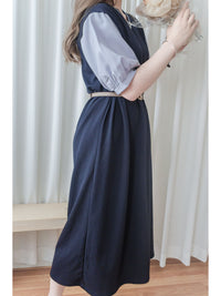 Spliced Dress V領深藍拼接連身裙/ DS9881
