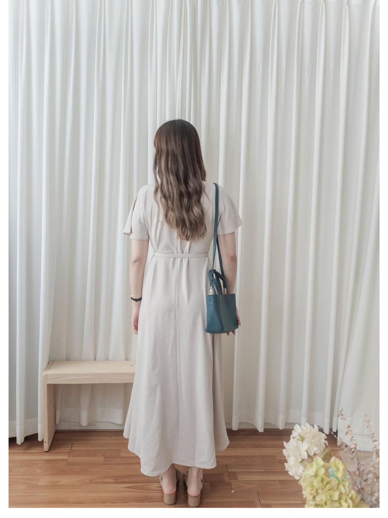 Belt Dress 無肩線傘袖金釦腰帶連身裙/ DS9883