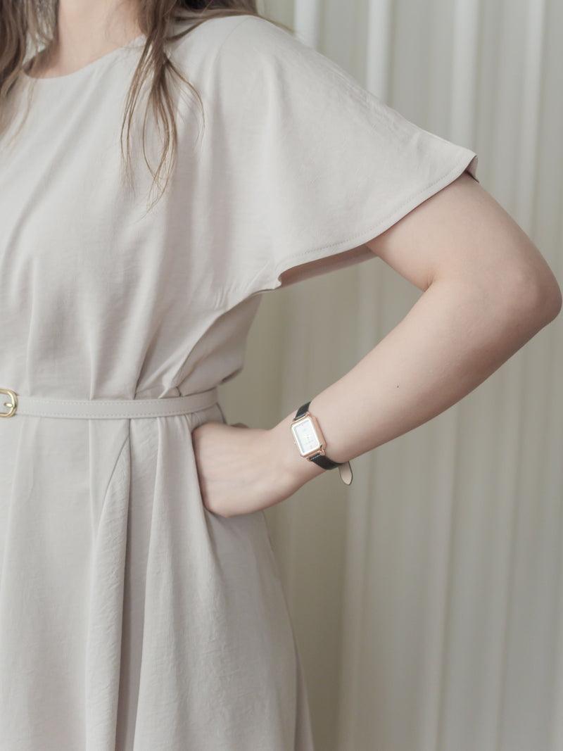 Belt Dress 無肩線傘袖金釦腰帶連身裙/ DS9883
