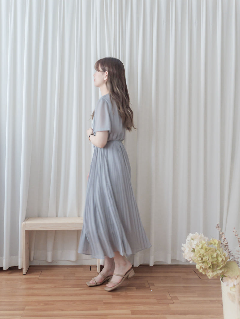 Pleated Dress 全裡布雪紡百褶修腰波浪裙擺連身裙/ DS9882