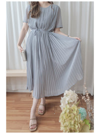 Pleated Dress 全裡布雪紡百褶修腰波浪裙擺連身裙/ DS9882