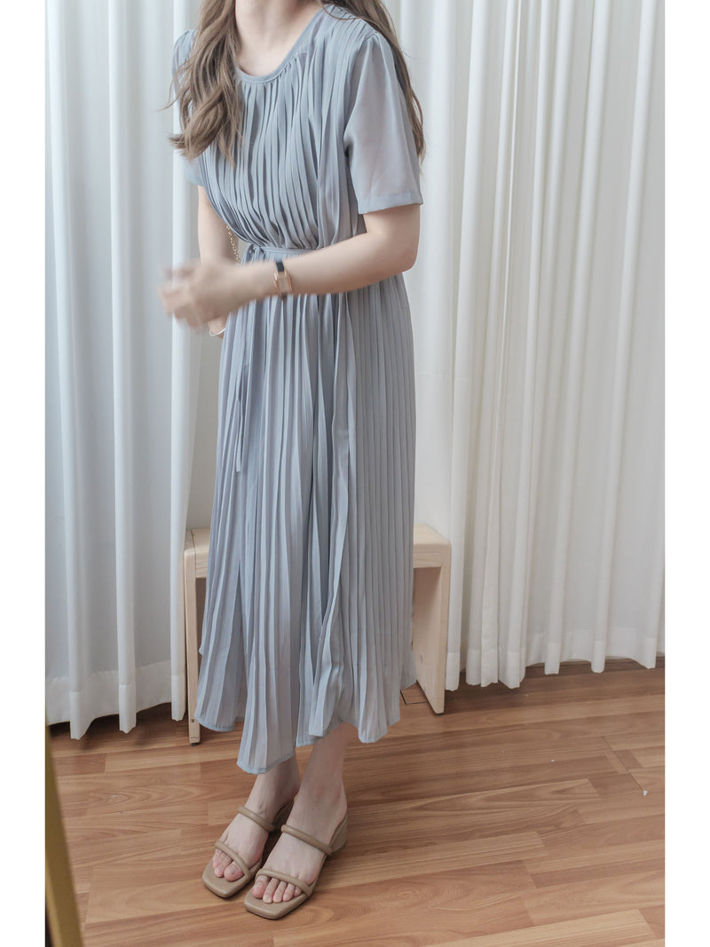 Pleated Dress 全裡布雪紡百褶修腰波浪裙擺連身裙/ DS9882