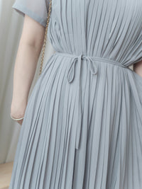 Pleated Dress 全裡布雪紡百褶修腰波浪裙擺連身裙/ DS9882