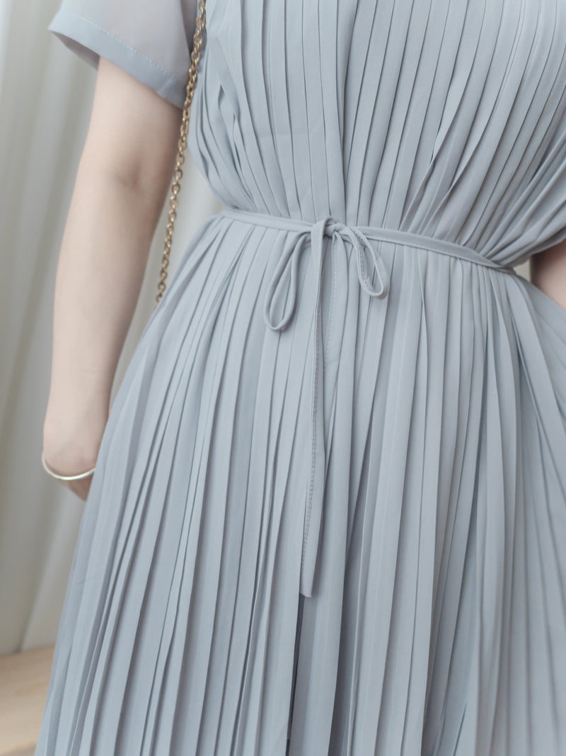 Pleated Dress 全裡布雪紡百褶修腰波浪裙擺連身裙/ DS9882