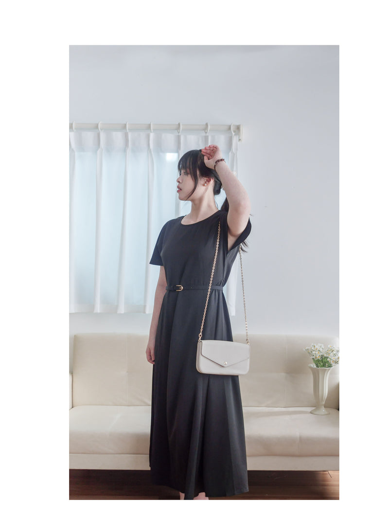 Belt Dress 無肩線傘袖金釦腰帶連身裙/ DS9883