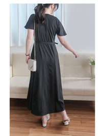 Belt Dress 無肩線傘袖金釦腰帶連身裙/ DS9883