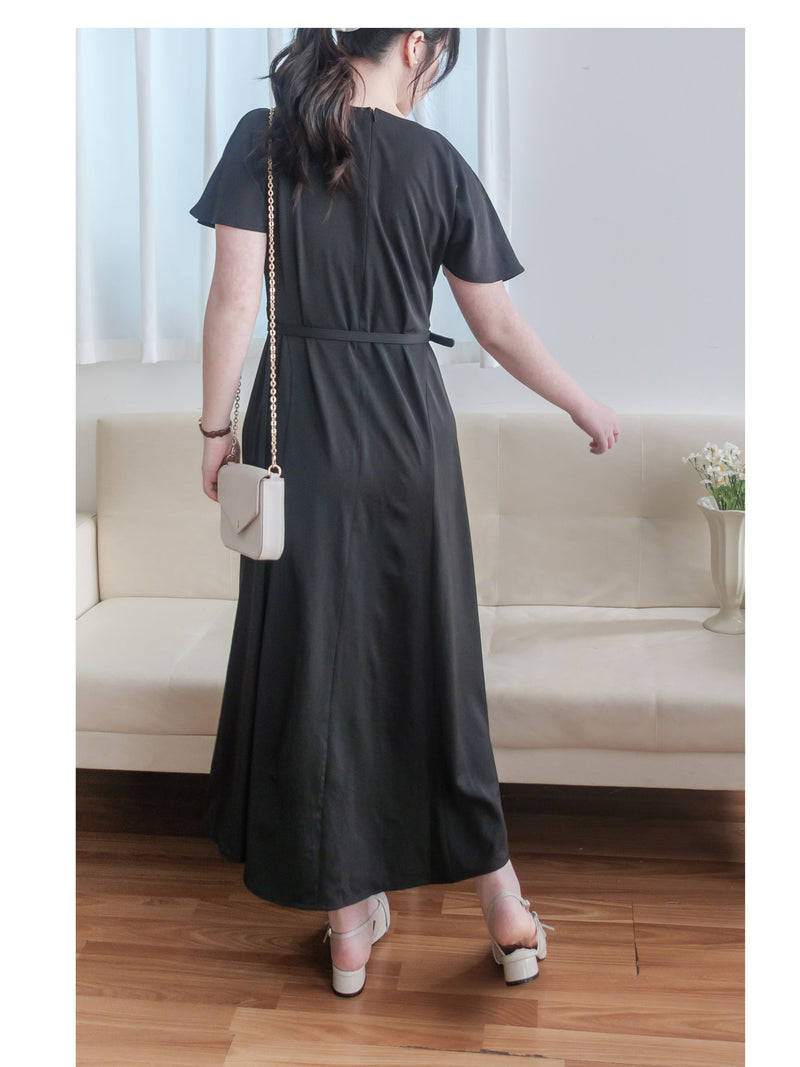 Belt Dress 無肩線傘袖金釦腰帶連身裙/ DS9883