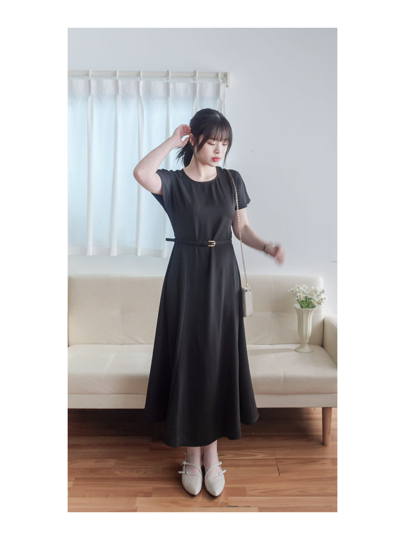 Belt Dress 無肩線傘袖金釦腰帶連身裙/ DS9883