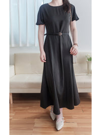 Belt Dress 無肩線傘袖金釦腰帶連身裙/ DS9883