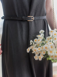 Belt Dress 無肩線傘袖金釦腰帶連身裙/ DS9883