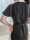 Belt Dress 無肩線傘袖金釦腰帶連身裙/ DS9883