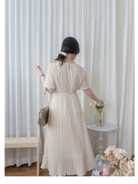 Pleated Dress 全裡布雪紡百褶修腰波浪裙擺連身裙/ DS9882