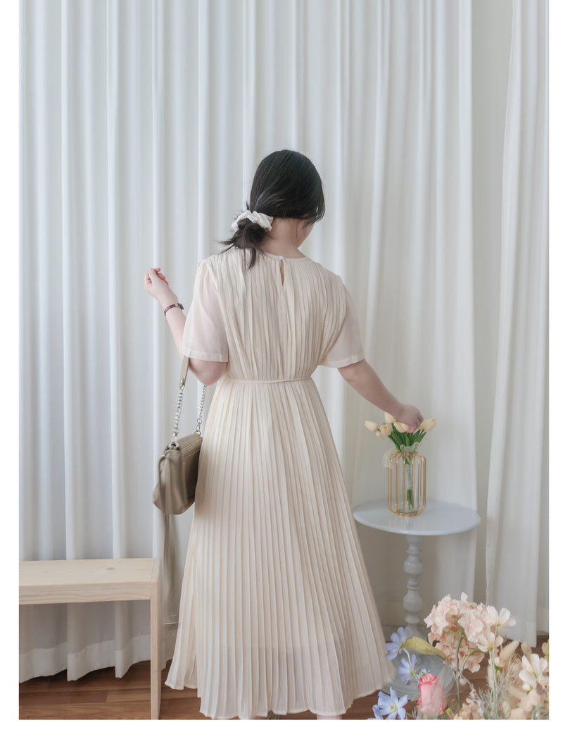 Pleated Dress 全裡布雪紡百褶修腰波浪裙擺連身裙/ DS9882
