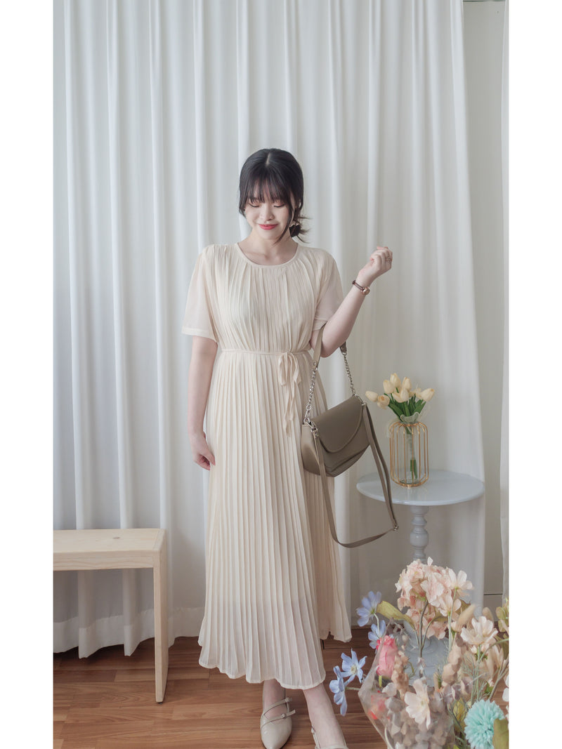 Pleated Dress 全裡布雪紡百褶修腰波浪裙擺連身裙/ DS9882