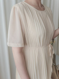 Pleated Dress 全裡布雪紡百褶修腰波浪裙擺連身裙/ DS9882