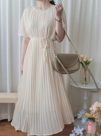 Pleated Dress 全裡布雪紡百褶修腰波浪裙擺連身裙/ DS9882