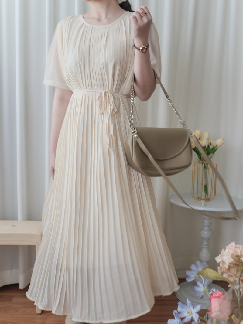 Pleated Dress 全裡布雪紡百褶修腰波浪裙擺連身裙/ DS9882