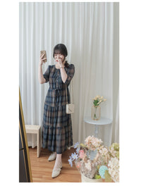 （短袖版) Check Dress 輕優雅雪紡格子傘裙擺連身裙/ DS9868