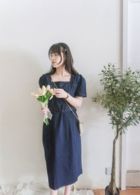 （贈送腰帶) 車線裝飾後開叉方扣腰帶連身裙/ DS9890 (pre-order)