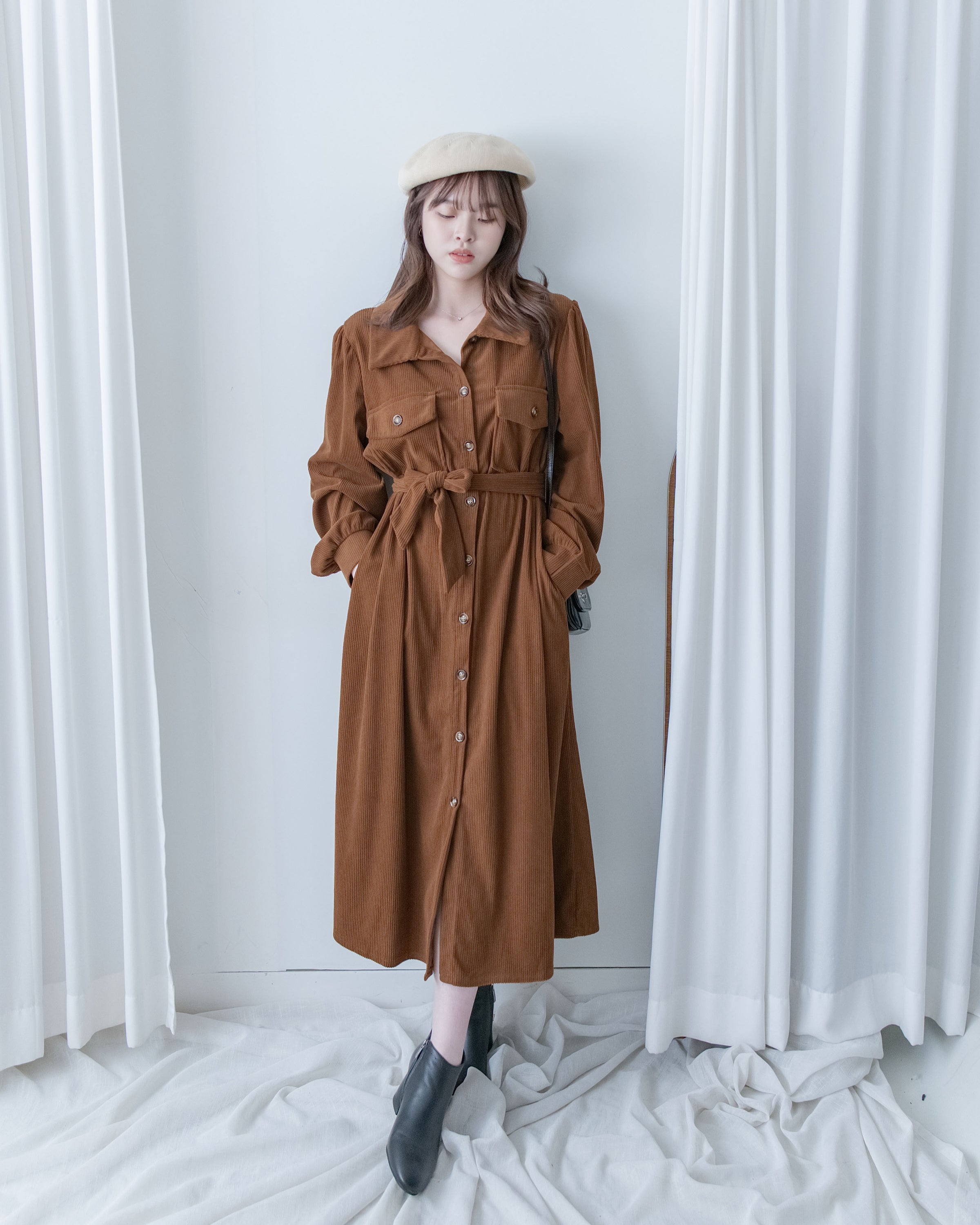 French Dress 燈芯絨暗條紋簡約口袋連身裙或外套/ DS1058 (Pre-order black 2月5日截單)