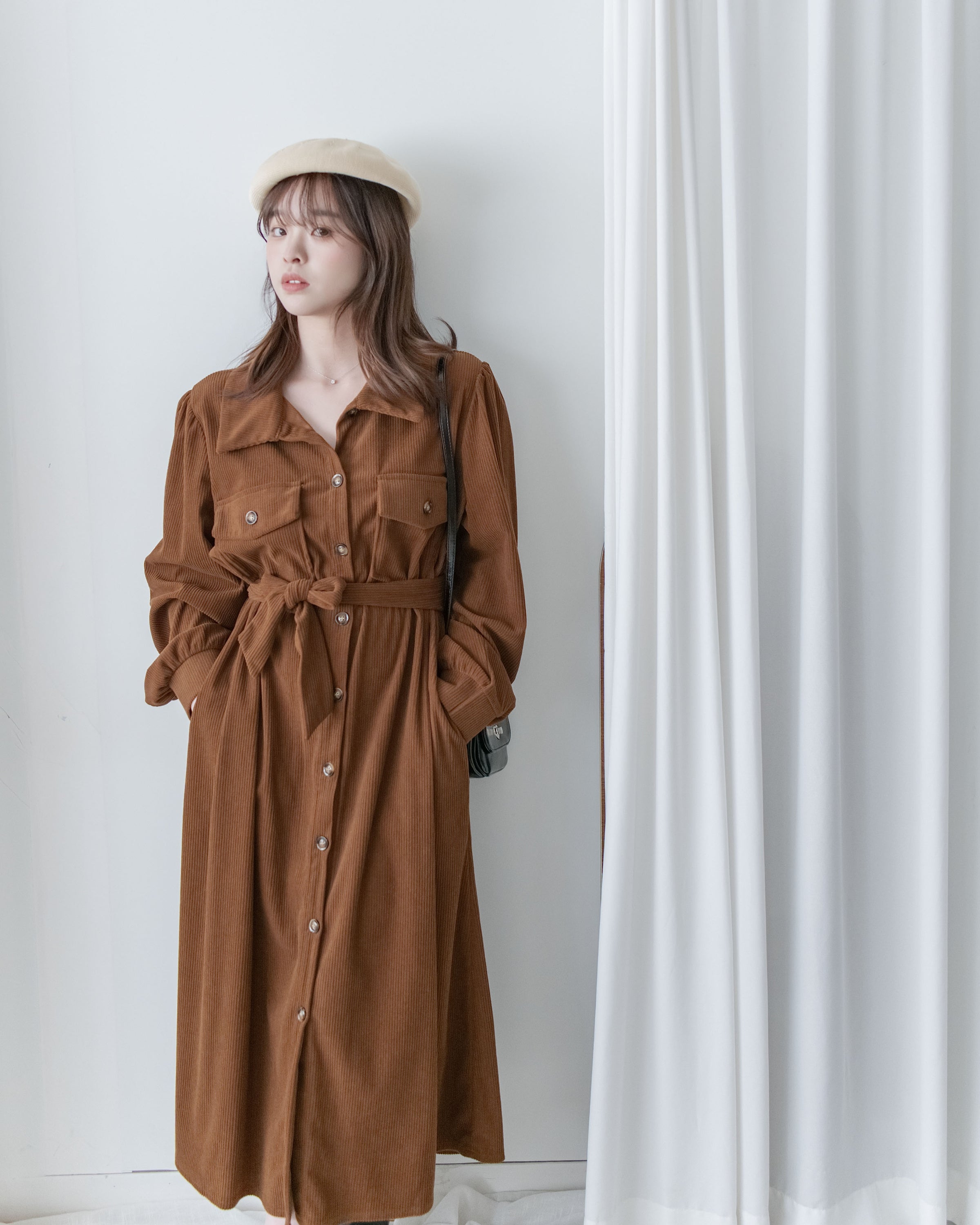 French Dress 燈芯絨暗條紋簡約口袋連身裙或外套/ DS1058 (Pre-order black 2月5日截單)