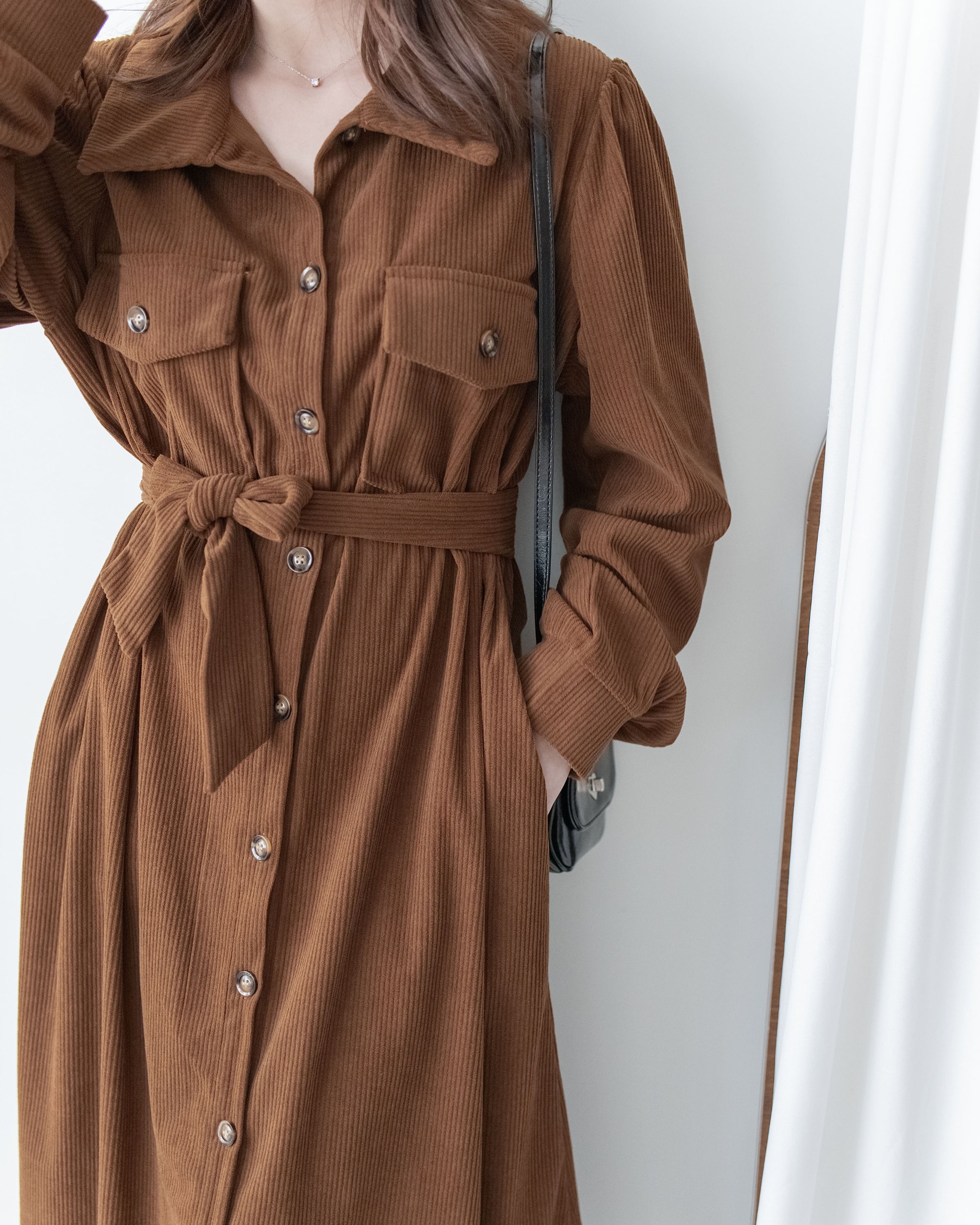 French Dress 燈芯絨暗條紋簡約口袋連身裙或外套/ DS1058 (Pre-order black 2月5日截單)