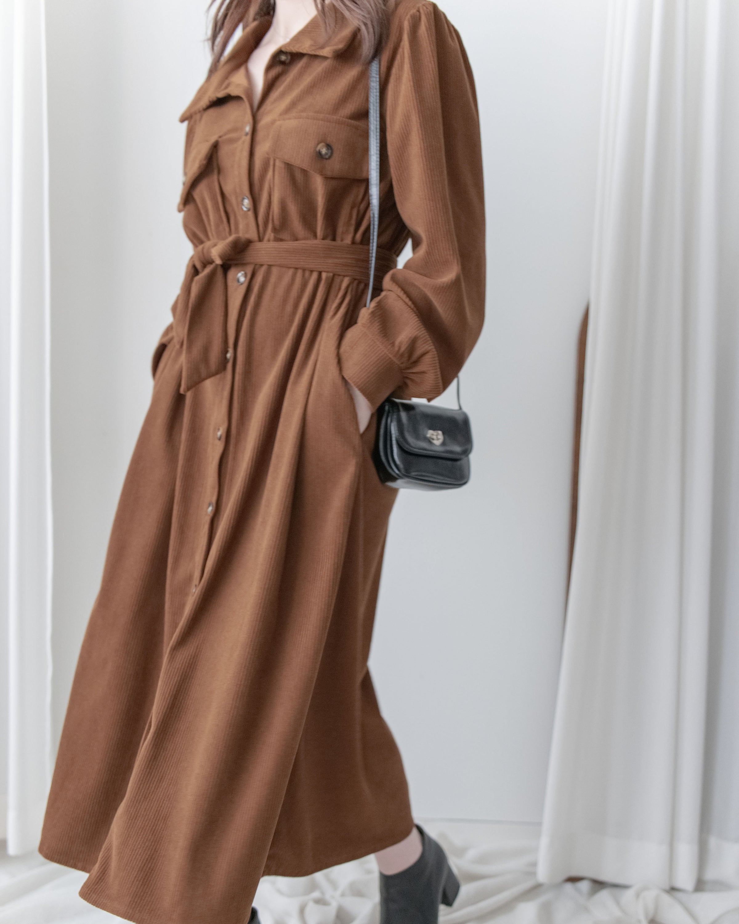 French Dress 燈芯絨暗條紋簡約口袋連身裙或外套/ DS1058 (Pre-order black 2月5日截單)