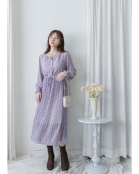 BabyBreath Pleated Dress 滿天星印花繫帶飄逸百褶長裙/ DS1063 (Pre-order lavender 2月5日截單)