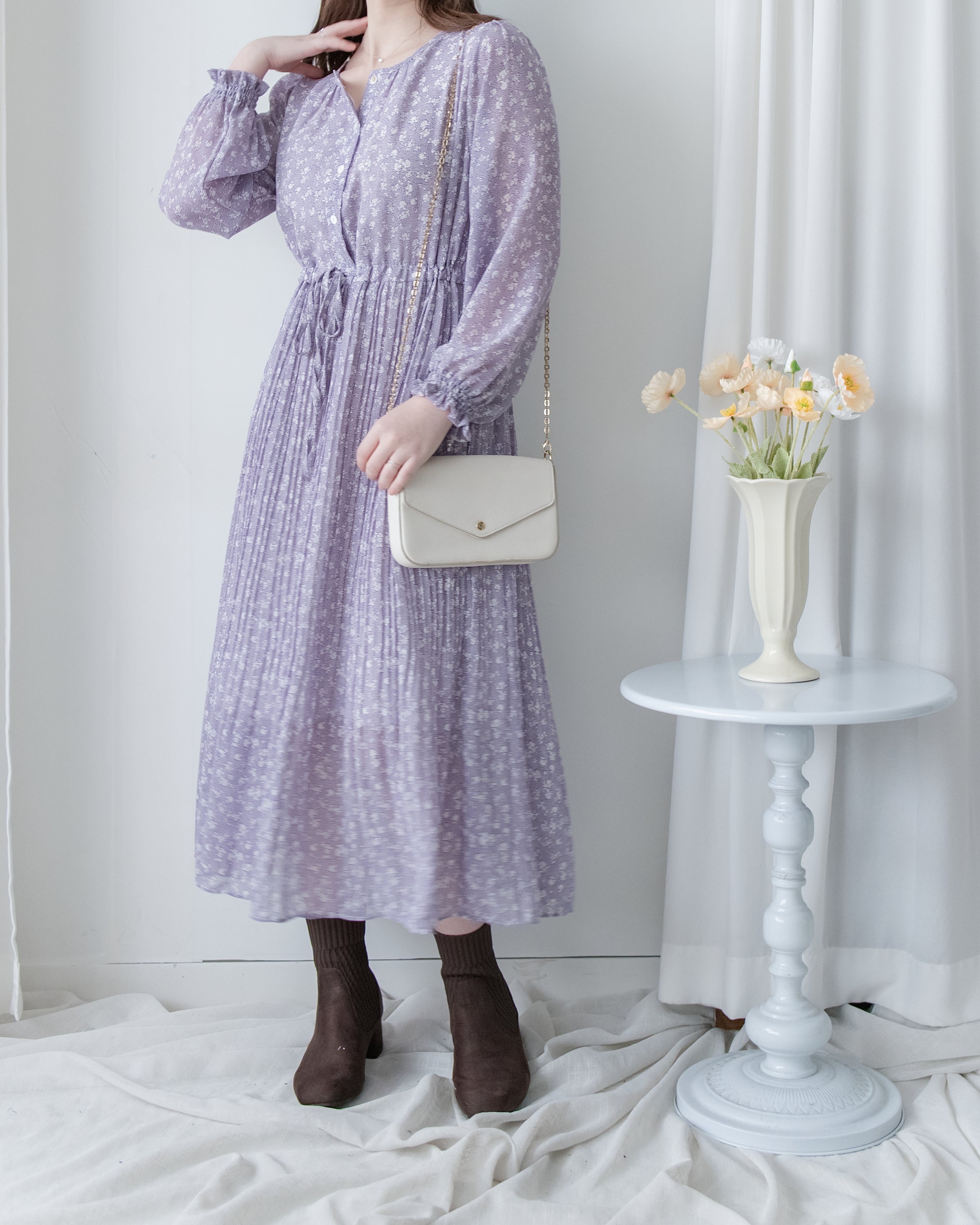 BabyBreath Pleated Dress 滿天星印花繫帶飄逸百褶長裙/ DS1063 (Pre-order lavender 2月5日截單)