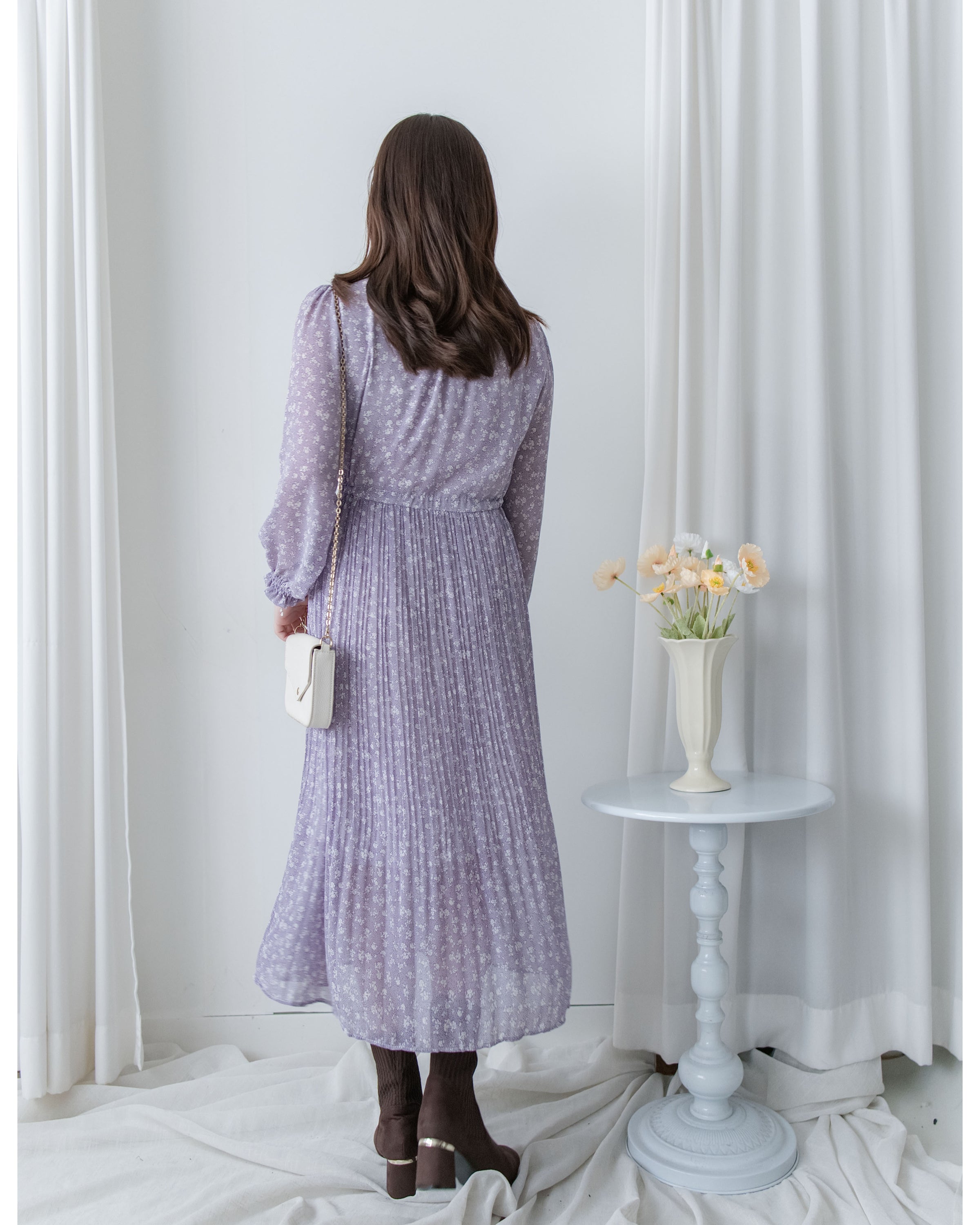 BabyBreath Pleated Dress 滿天星印花繫帶飄逸百褶長裙/ DS1063 (Pre-order lavender 2月5日截單)