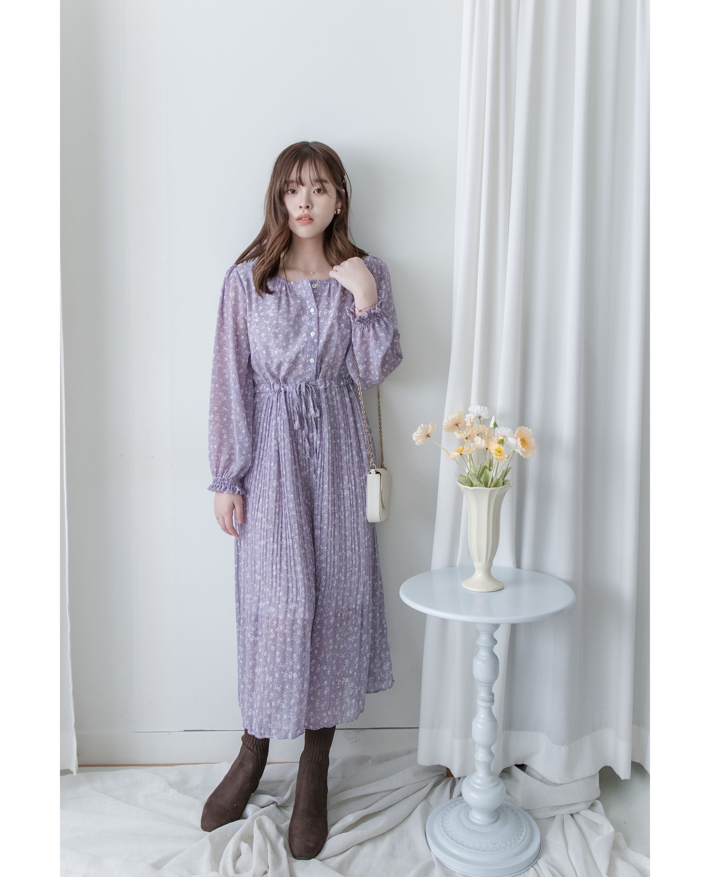 BabyBreath Pleated Dress 滿天星印花繫帶飄逸百褶長裙/ DS1063 (Pre-order lavender 2月5日截單)