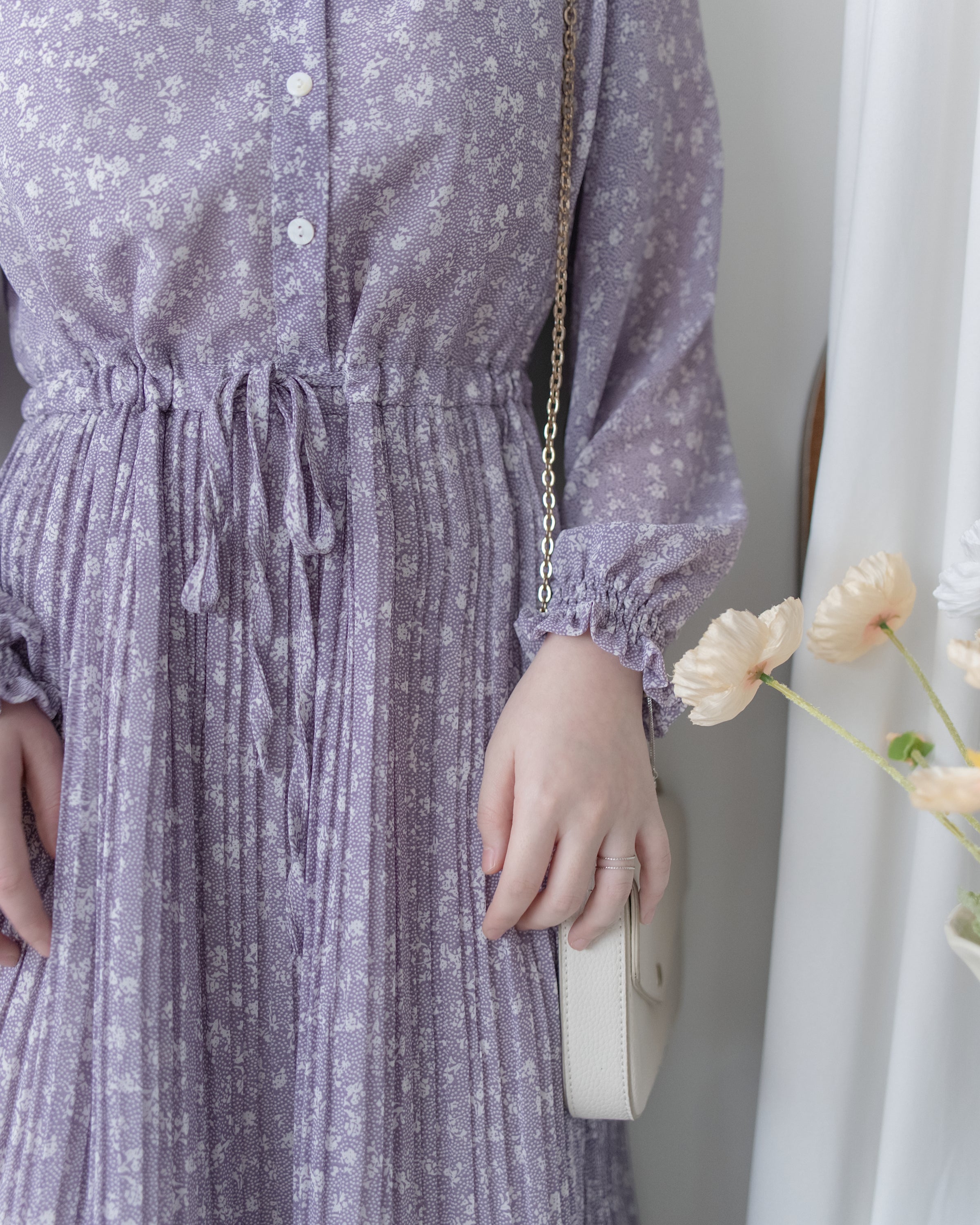 BabyBreath Pleated Dress 滿天星印花繫帶飄逸百褶長裙/ DS1063 (Pre-order lavender 2月5日截單)