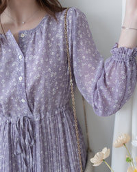 BabyBreath Pleated Dress 滿天星印花繫帶飄逸百褶長裙/ DS1063 (Pre-order lavender 2月5日截單)