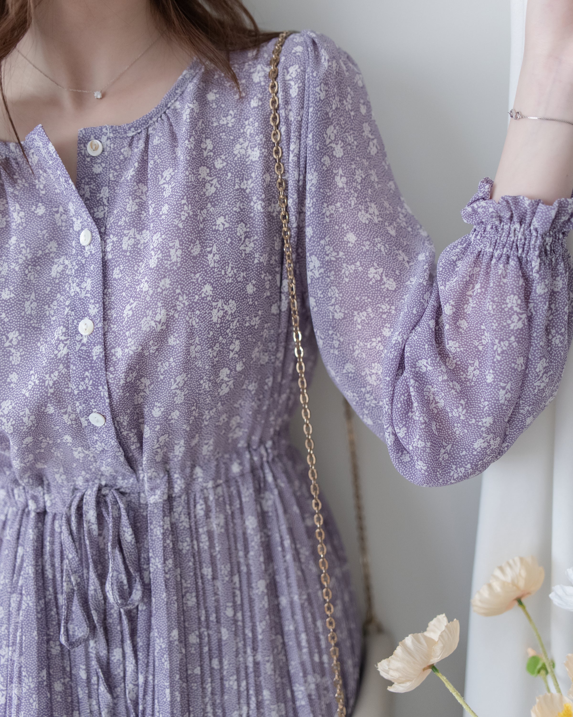 BabyBreath Pleated Dress 滿天星印花繫帶飄逸百褶長裙/ DS1063 (Pre-order lavender 2月5日截單)