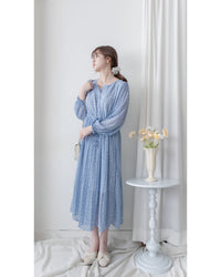BabyBreath Pleated Dress 滿天星印花繫帶飄逸百褶長裙/ DS1063 (Pre-order lavender 2月5日截單)