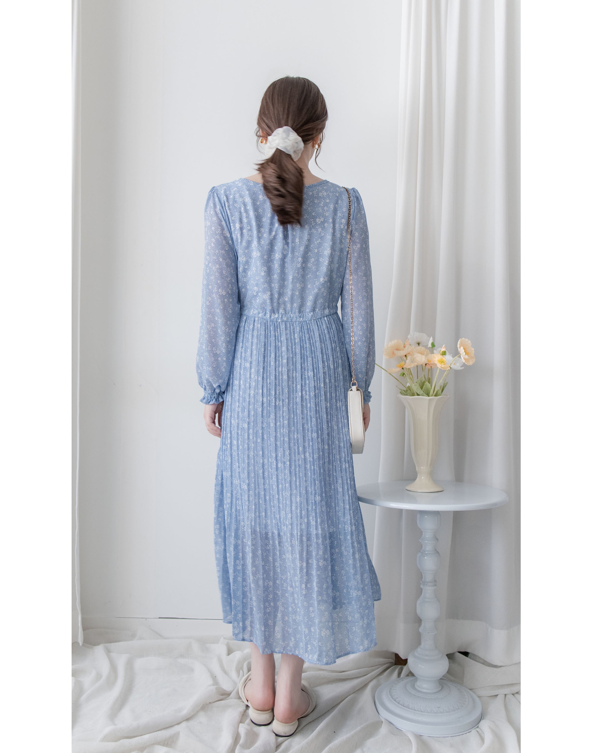 BabyBreath Pleated Dress 滿天星印花繫帶飄逸百褶長裙/ DS1063 (Pre-order lavender 2月5日截單)