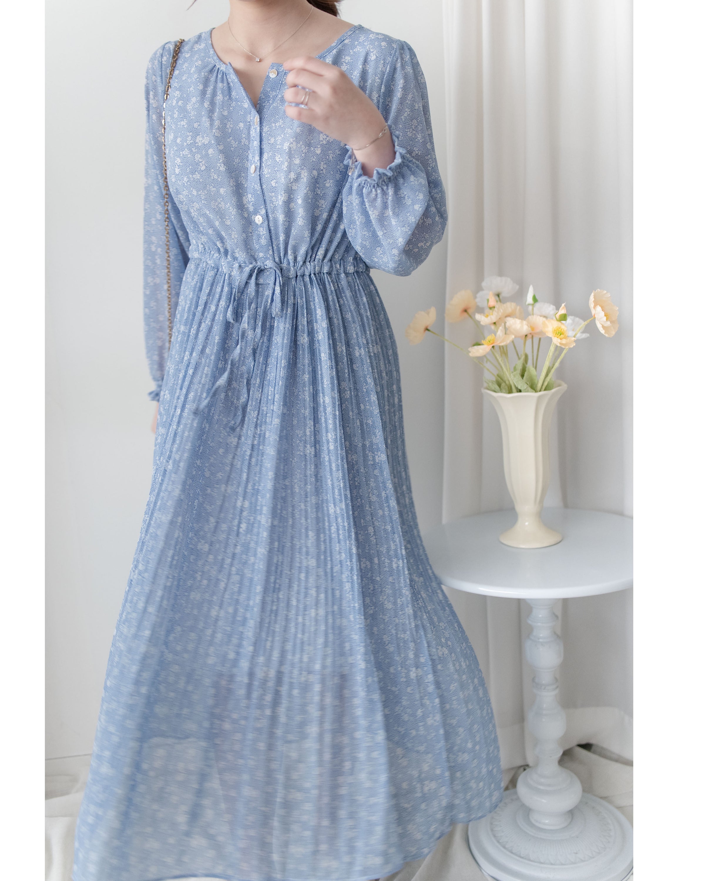 BabyBreath Pleated Dress 滿天星印花繫帶飄逸百褶長裙/ DS1063 (Pre-order lavender 2月5日截單)