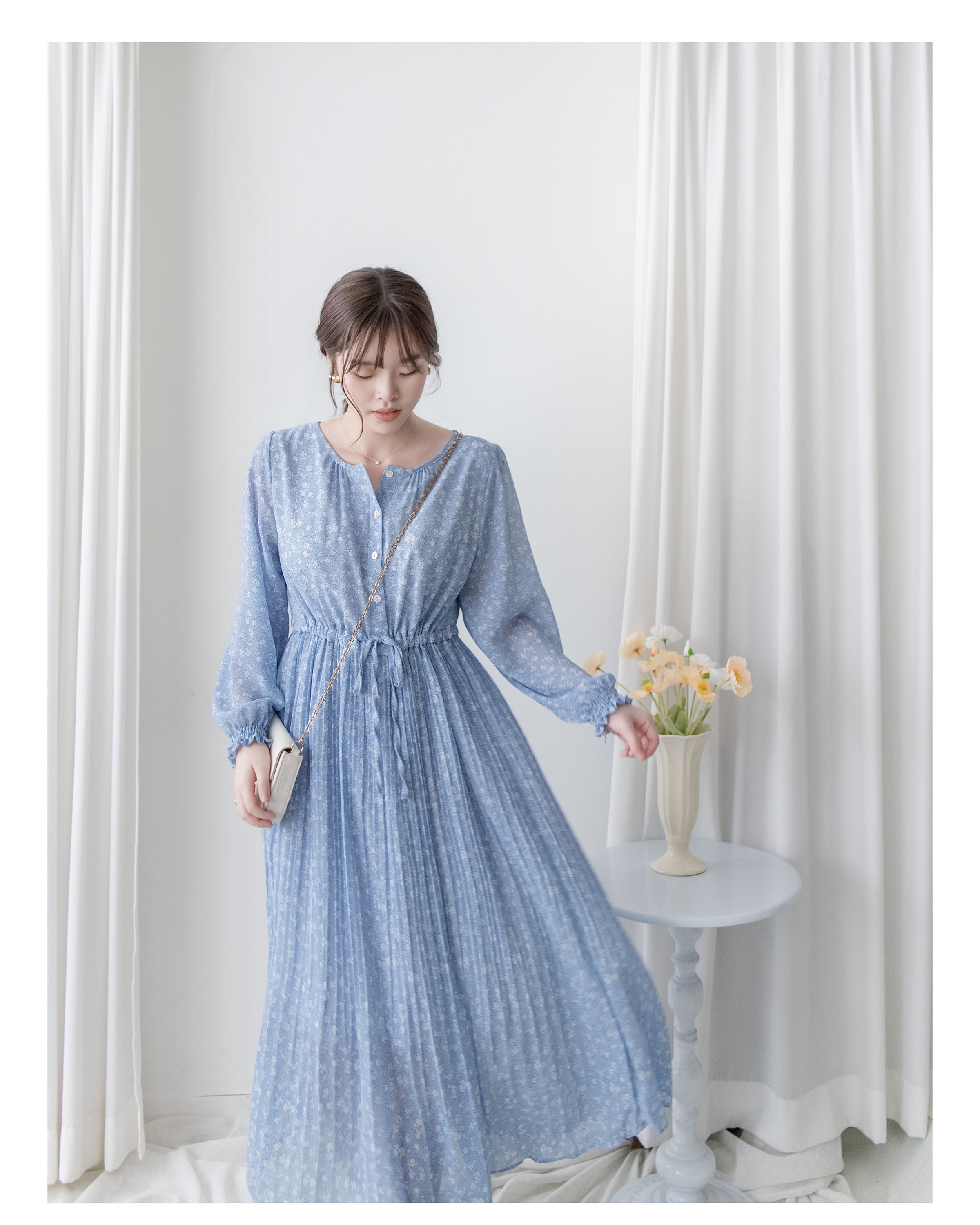 BabyBreath Pleated Dress 滿天星印花繫帶飄逸百褶長裙/ DS1063 (Pre-order lavender 2月5日截單)