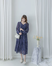 [Style 6] Midnight Starry Floral Dress 深藍繁星小V領顯瘦橡筋連身裙/ DS1070（優惠至 2月13日）