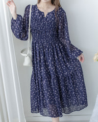 [Style 6] Midnight Starry Floral Dress 深藍繁星小V領顯瘦橡筋連身裙/ DS1070（優惠至 2月13日）