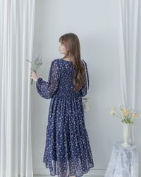 [Style 6] Midnight Starry Floral Dress 深藍繁星小V領顯瘦橡筋連身裙/ DS1070（優惠至 2月13日）