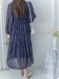 [Style 6] Midnight Starry Floral Dress 深藍繁星小V領顯瘦橡筋連身裙/ DS1070（優惠至 2月13日）