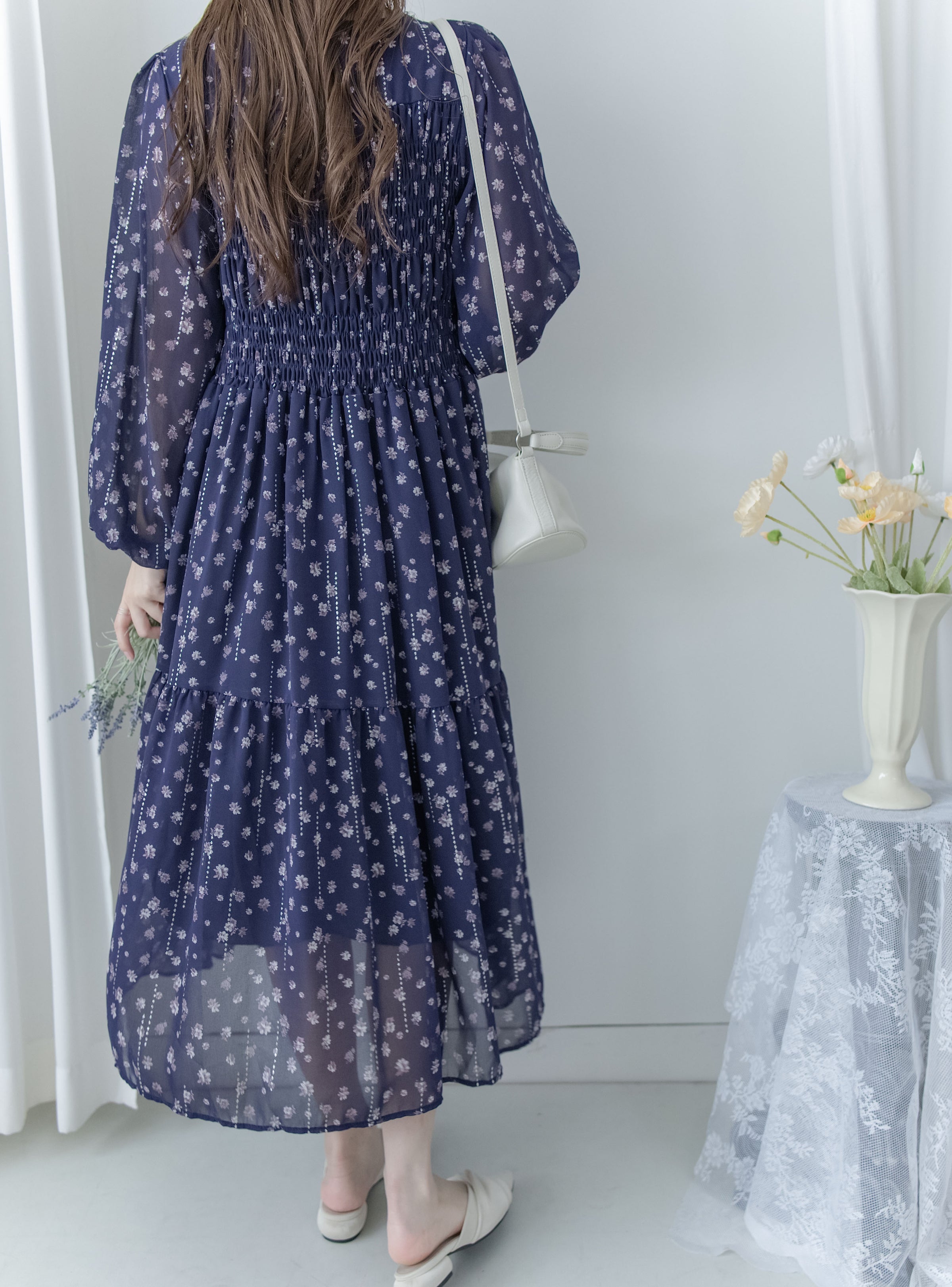 [Style 6] Midnight Starry Floral Dress 深藍繁星小V領顯瘦橡筋連身裙/ DS1070（優惠至 2月13日）