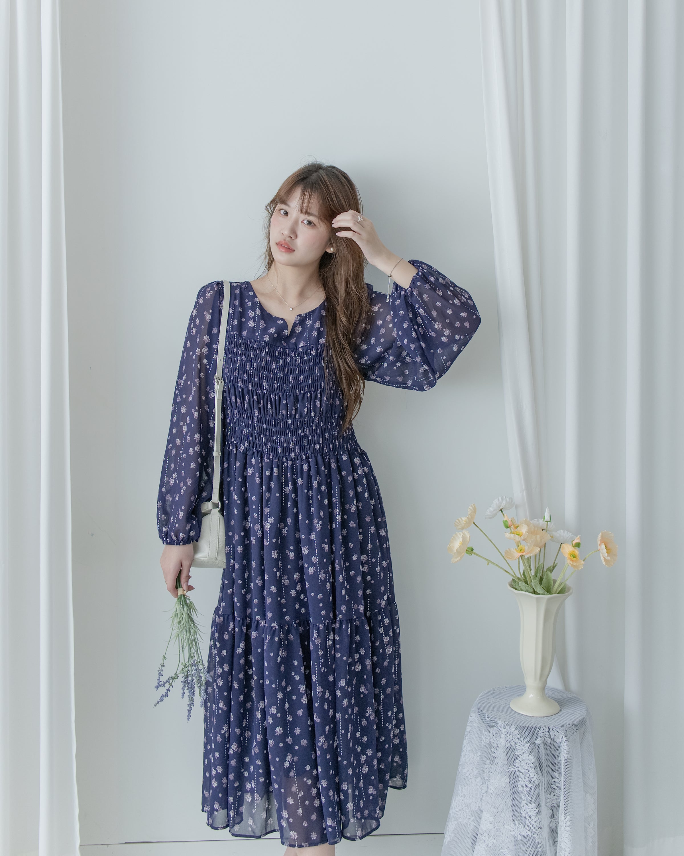 [Style 6] Midnight Starry Floral Dress 深藍繁星小V領顯瘦橡筋連身裙/ DS1070（優惠至 2月13日）