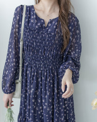 [Style 6] Midnight Starry Floral Dress 深藍繁星小V領顯瘦橡筋連身裙/ DS1070（優惠至 2月13日）